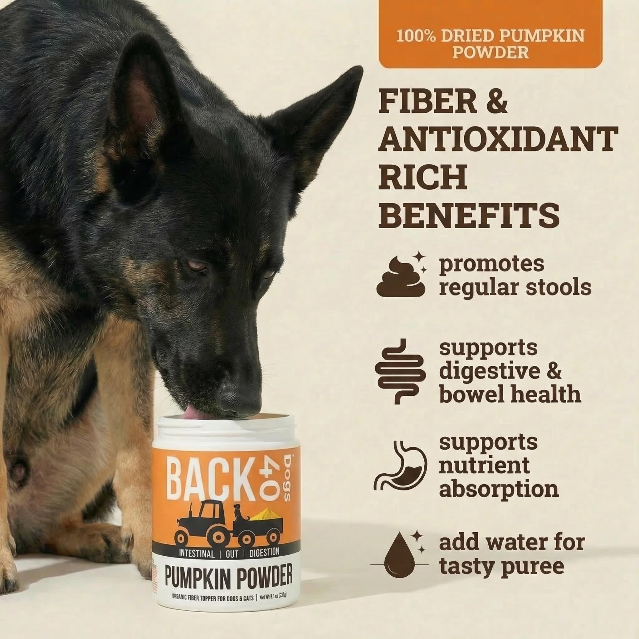 Back 40 Dogs pumpkin powder pour demonstrates easy mix-in for meals