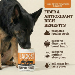 Back 40 Dogs pumpkin powder pour demonstrates easy mix-in for meals