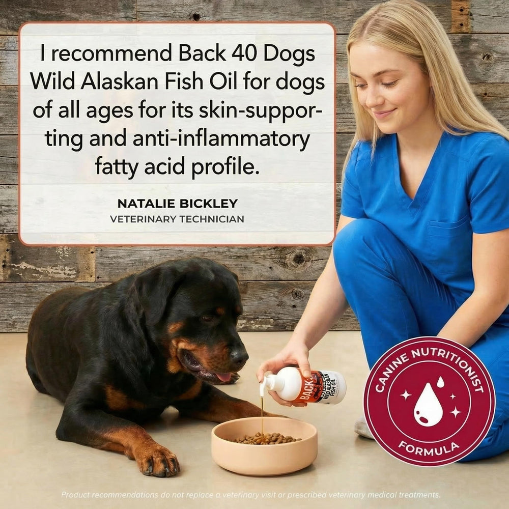 Back 40 Dogs oil bottle sits on the kitchen counter ready