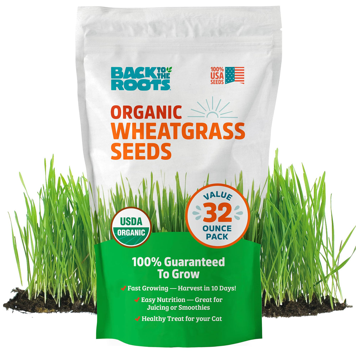 Back to the Roots organic wheatgrass seeds in a 2lb bag, ideal for fresh juice.