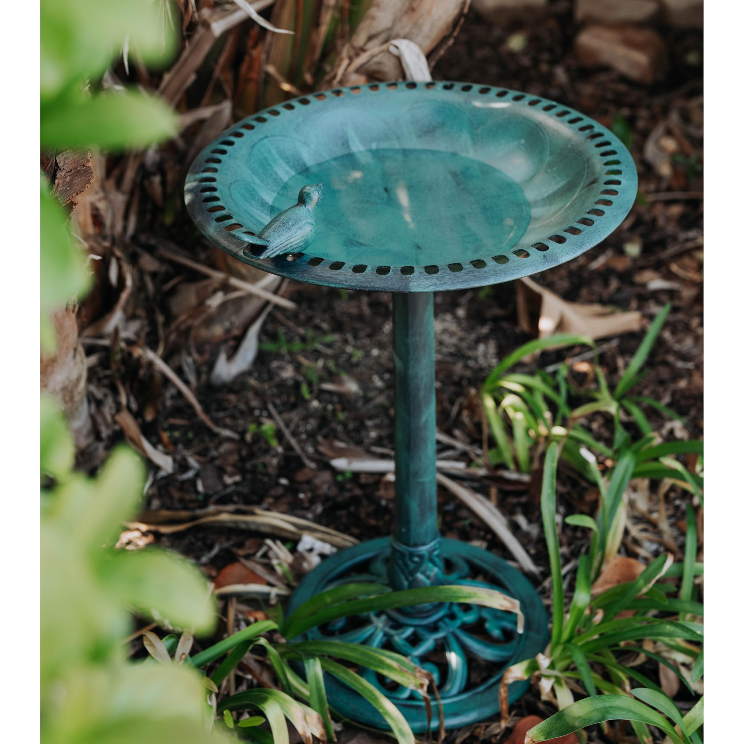 Backyard Expressions birdbath base with antiqued bronze finish adds classic charm.