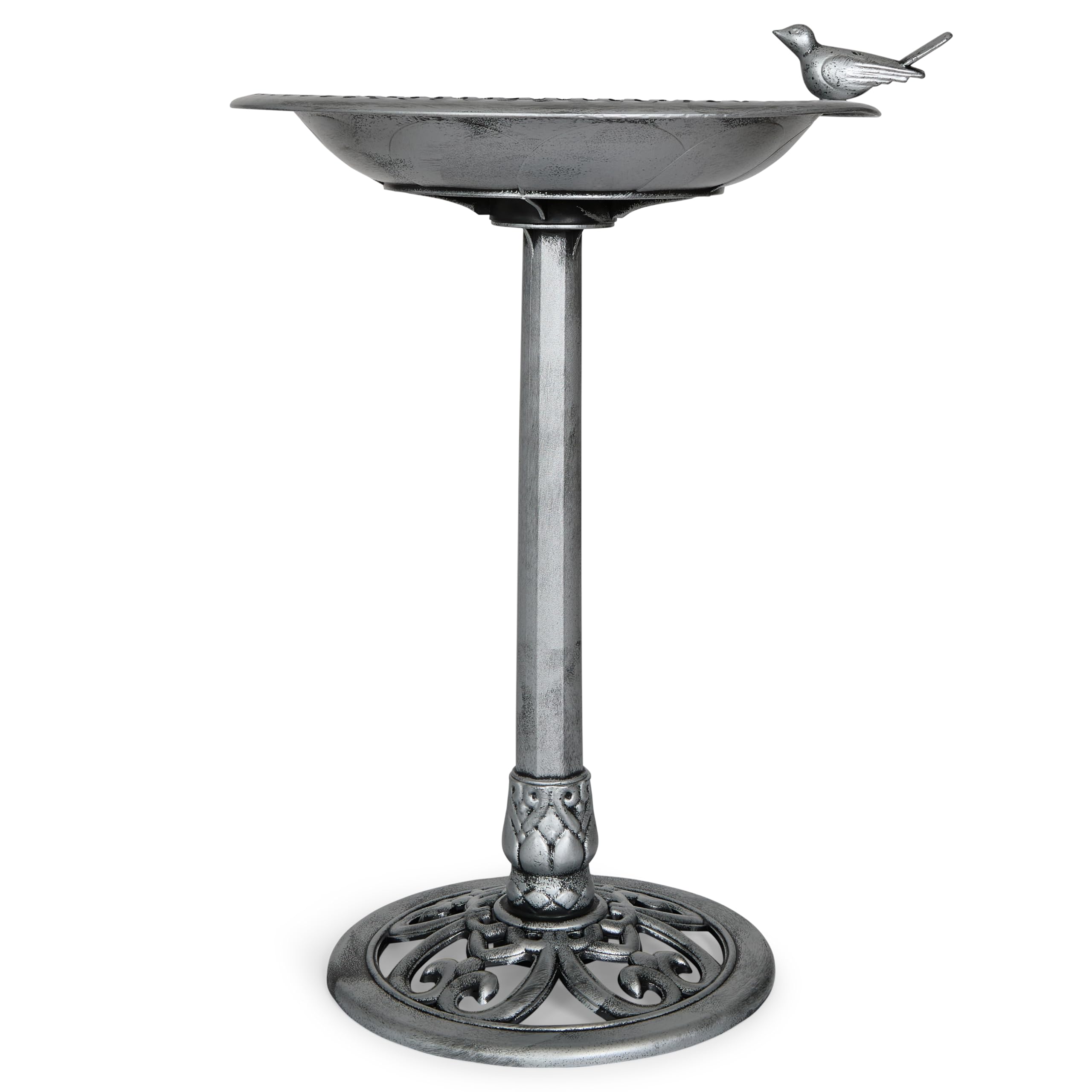 Backyard Expressions silver bird bath attracts garden birds and enhances outdoor scenery.