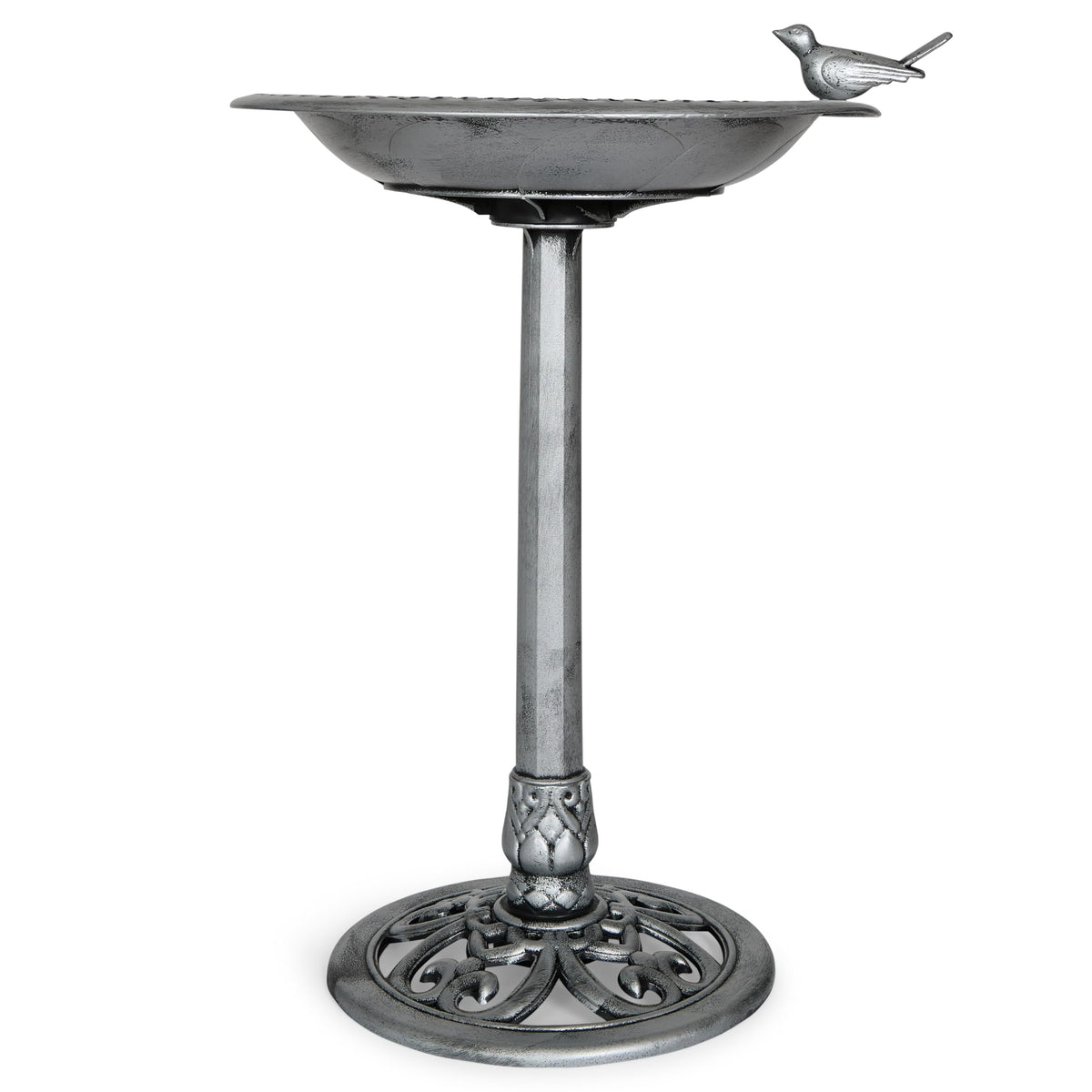 Backyard Expressions silver bird bath attracts garden birds and enhances outdoor scenery.