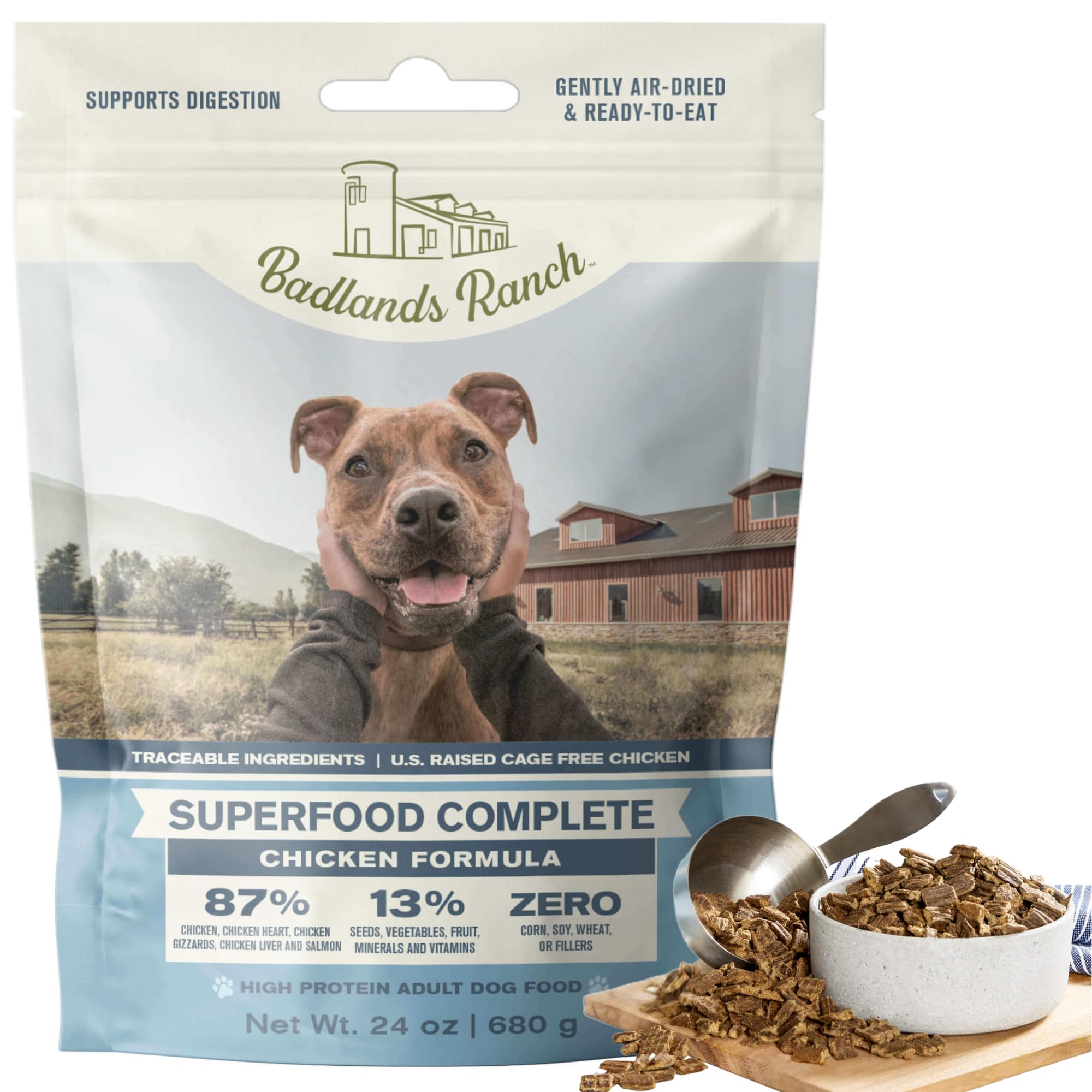 BADLANDS RANCH air-dried chicken dog food bag showcasing premium nutrition.
