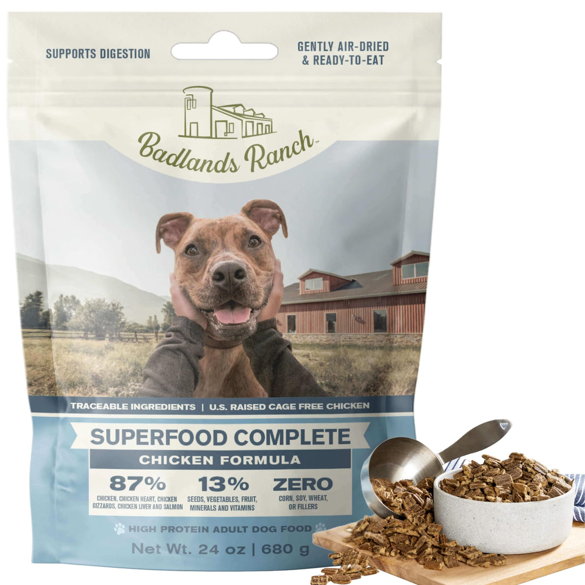 BADLANDS RANCH air-dried chicken dog food bag showcasing premium nutrition.