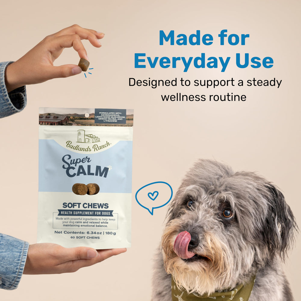 Dog enjoying Badlands Ranch soft chews, a tasty daily calming treat.