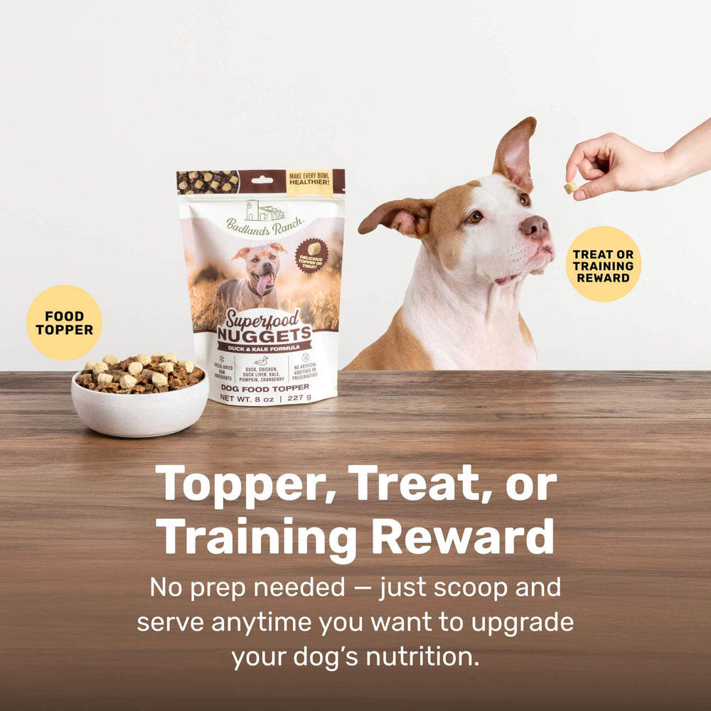 BADLANDS RANCH duck-kale nuggets closeup: high-protein snack for active dogs.
