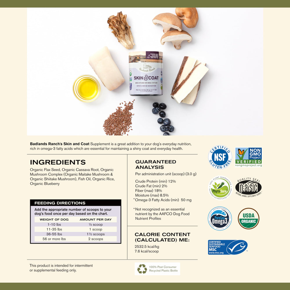 Badlands Ranch Flax Seeds provide omega-3 and fiber for a soft, shiny coat.