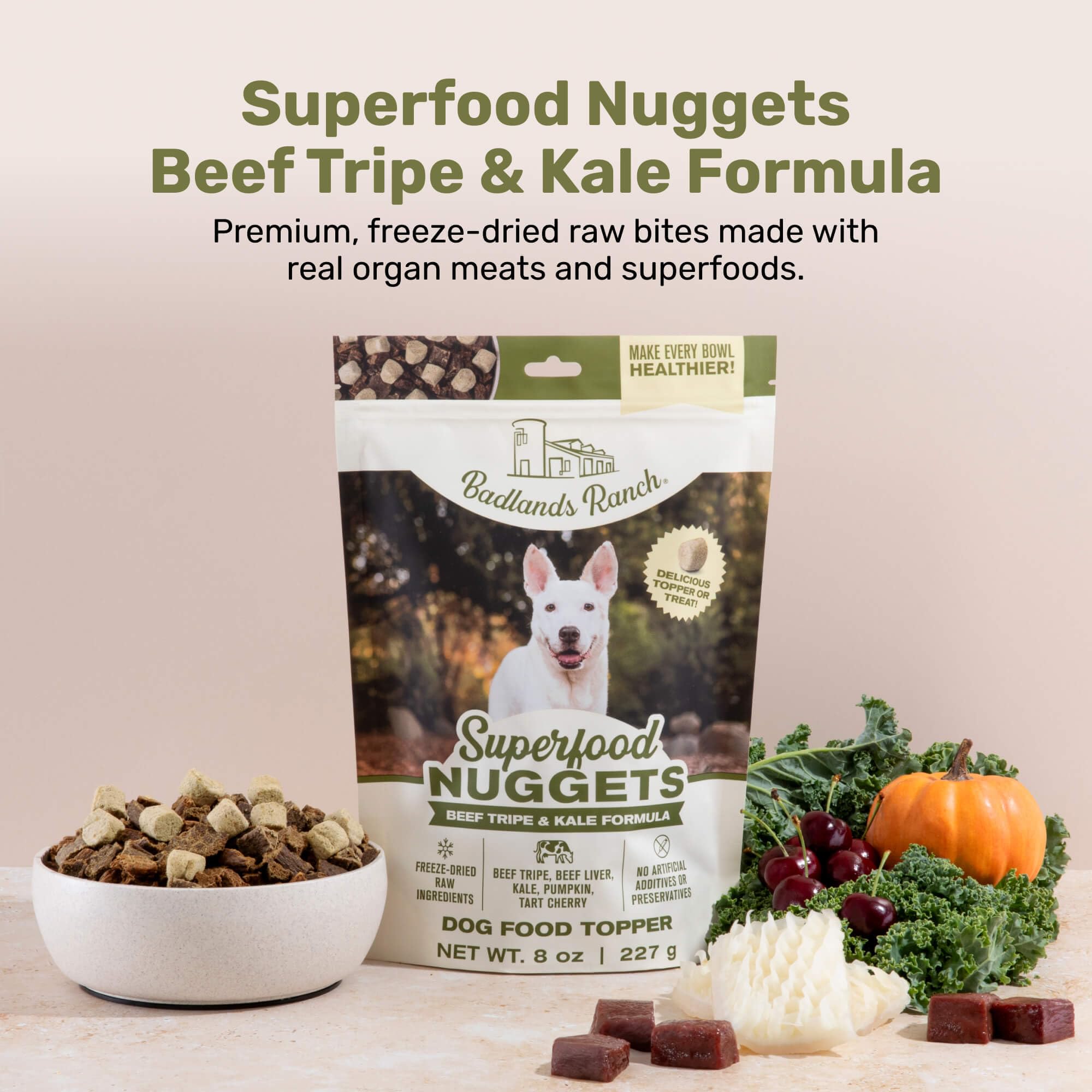 BADLANDS RANCH Freeze-dried beef tripe close-up emphasizing protein-rich texture
