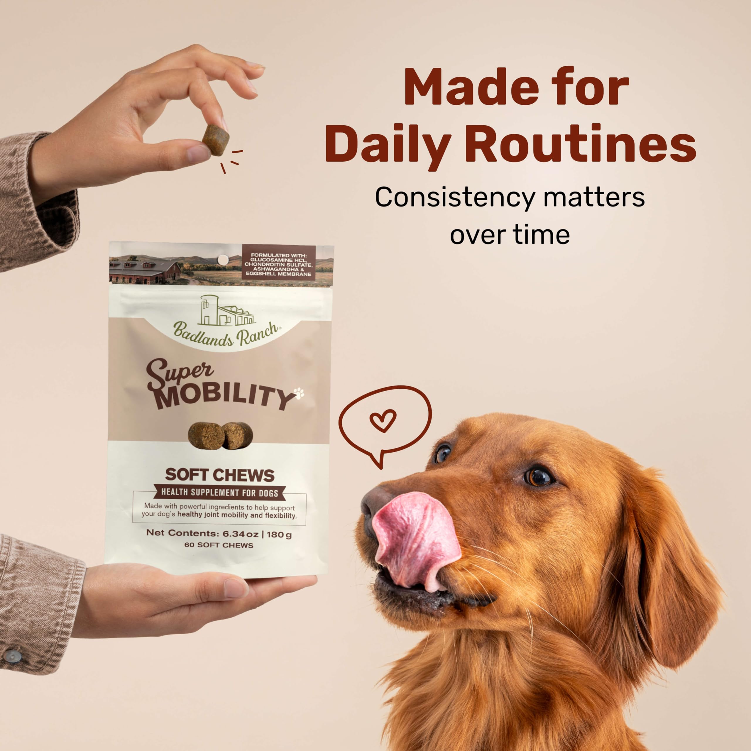 Badlands Ranch Super Mobility Chews label highlighting glucosamine and eggshell membrane.