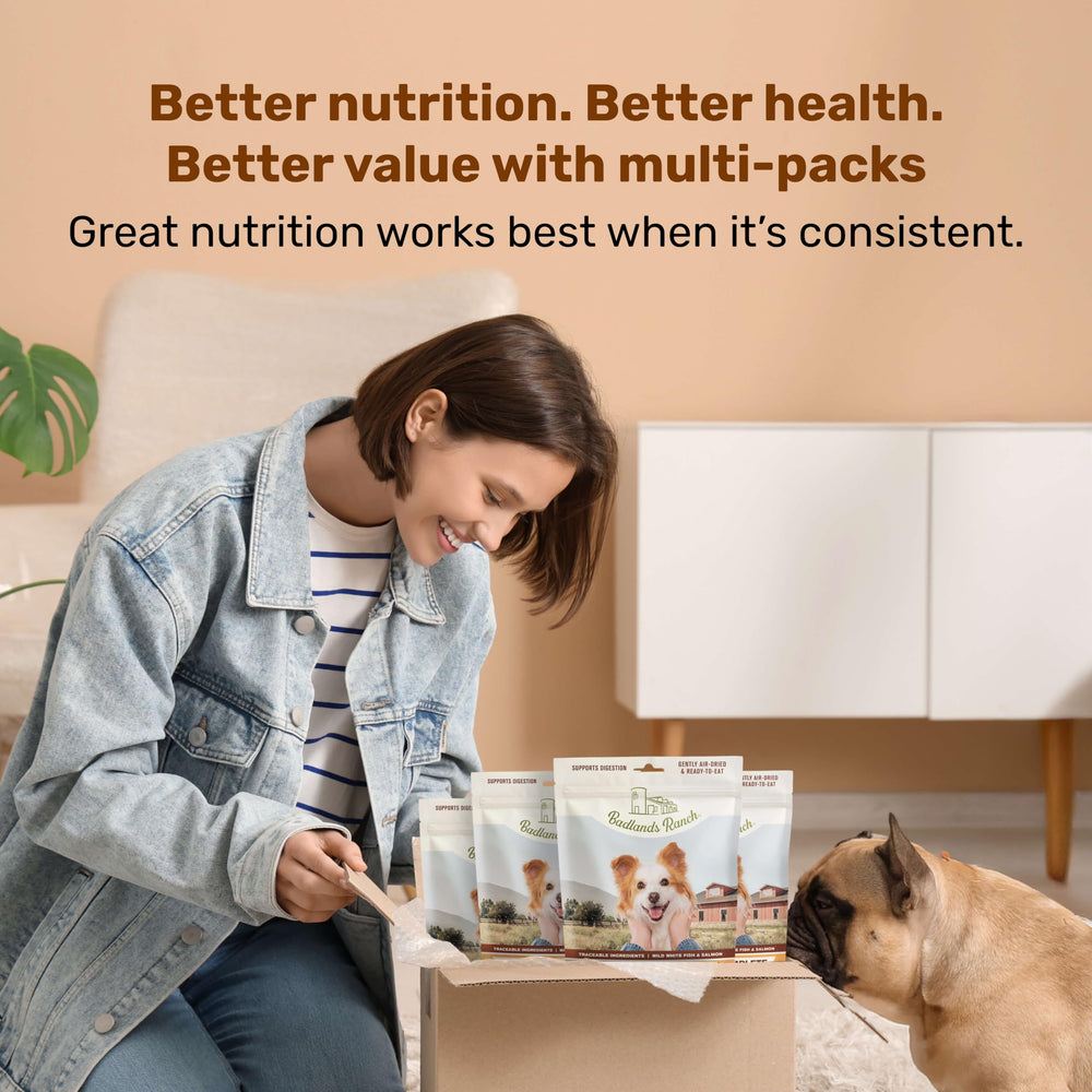 BADLANDS RANCH multi-pack display suggests savings and consistent nutrition.