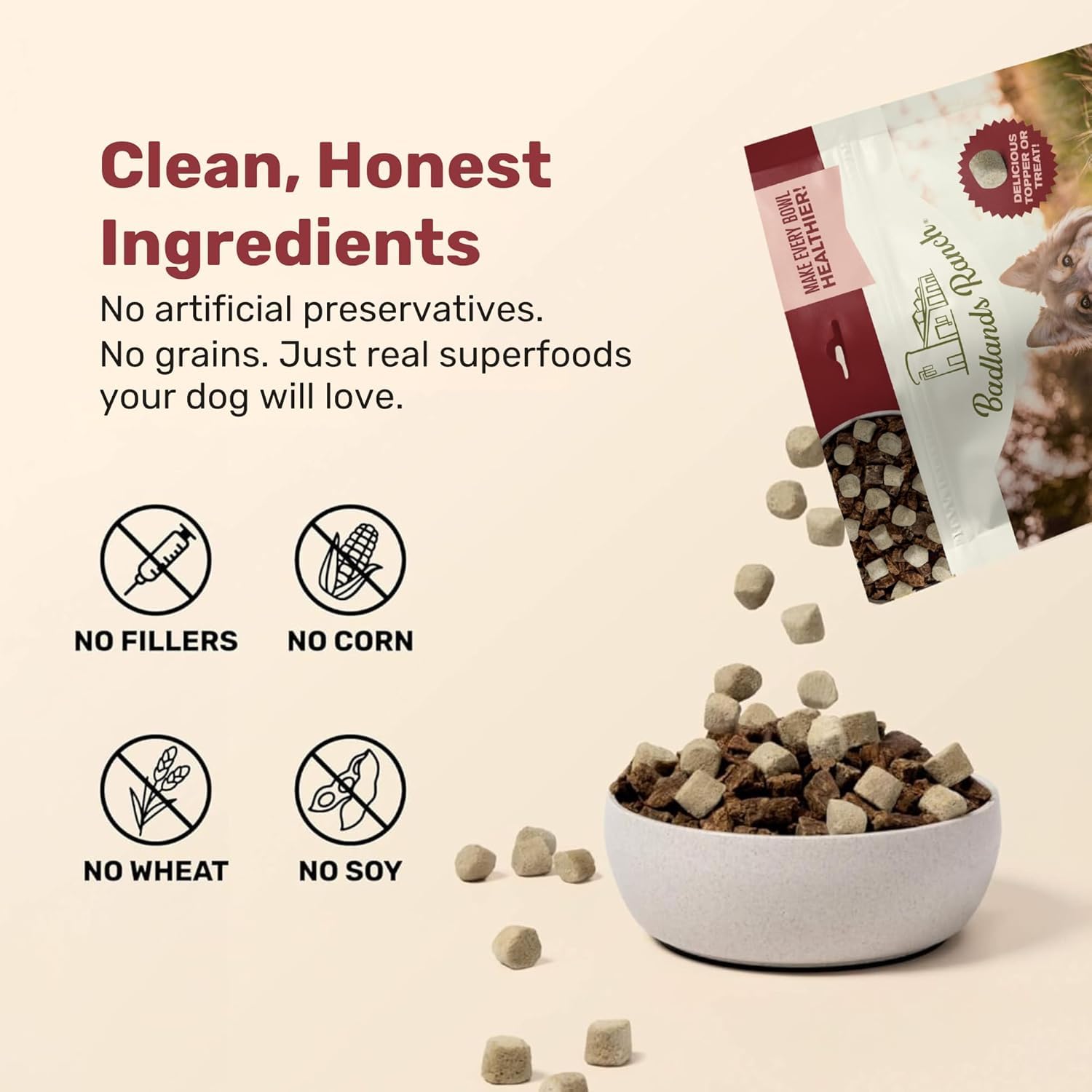 BADLANDS RANCH nuggets poured over kibble to boost meal appeal