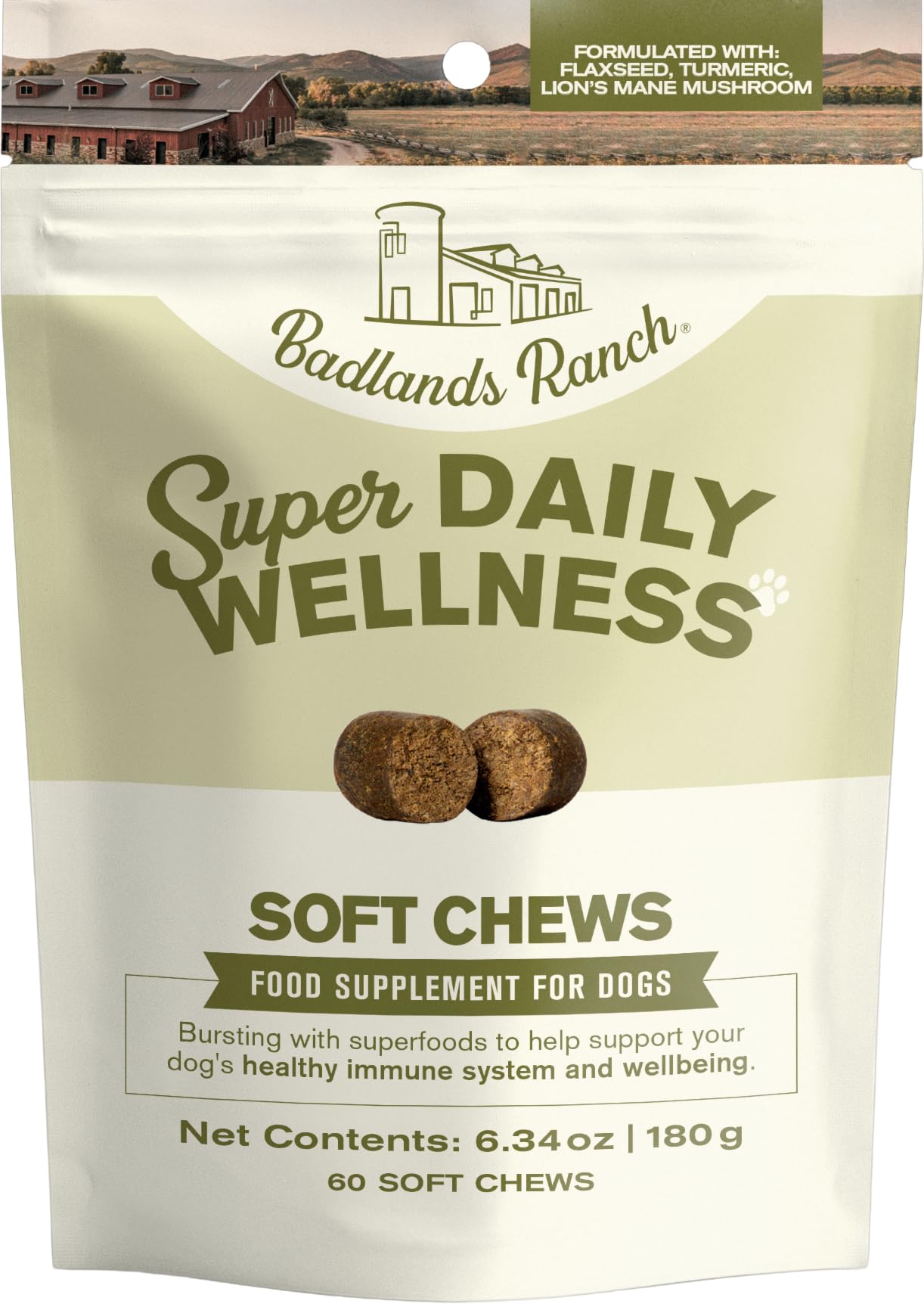 Badlands Ranch Super Daily Wellness Soft Chews in a jar for dogs' daily vitality.