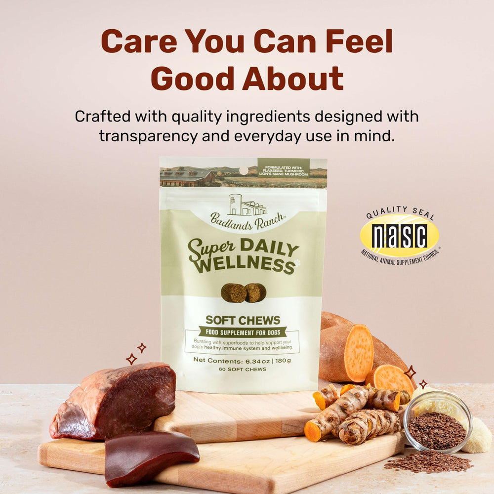 Badlands Ranch soft chews with flaxseed ingredients displayed beside the bag, emphasizing wholesome nutrition.