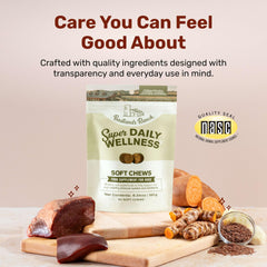 Badlands Ranch soft chews with flaxseed ingredients displayed beside the bag, emphasizing wholesome nutrition.