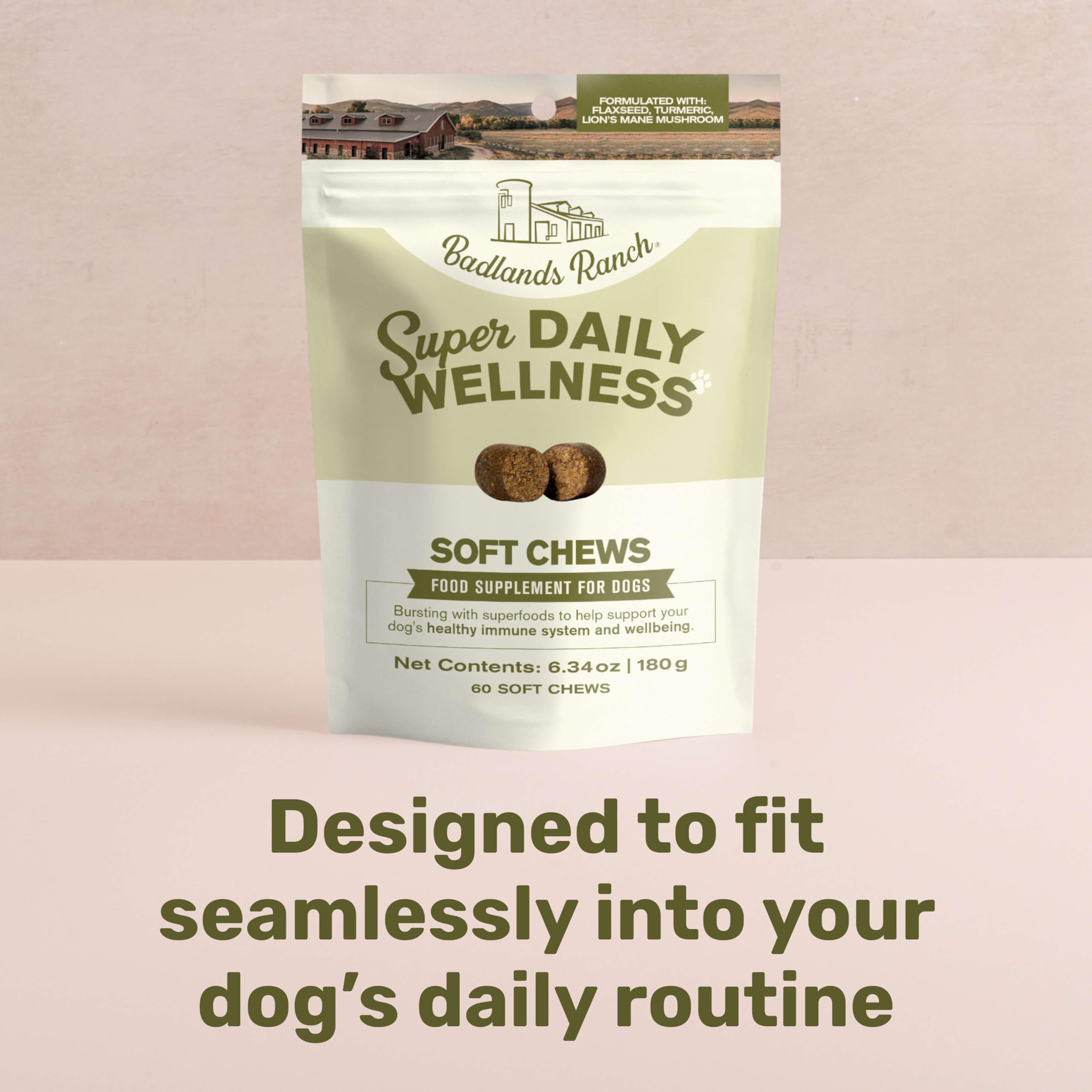 Badlands Ranch soft chews with high-quality ingredients, presented beside the label noting no fillers.