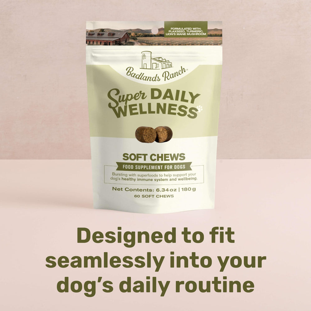 Badlands Ranch soft chews with high-quality ingredients, presented beside the label noting no fillers.