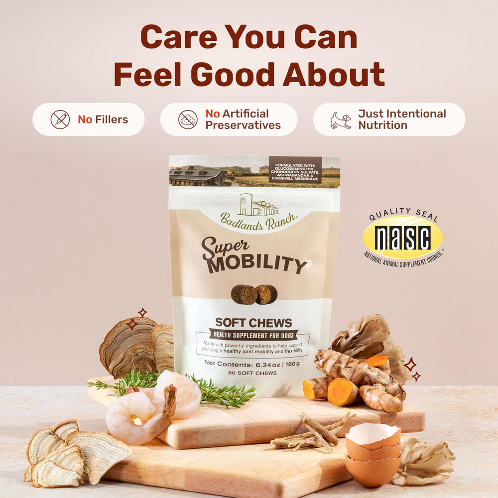 Badlands Ranch Super Mobility Soft Chews texture close-up highlighting chewy palatability.
