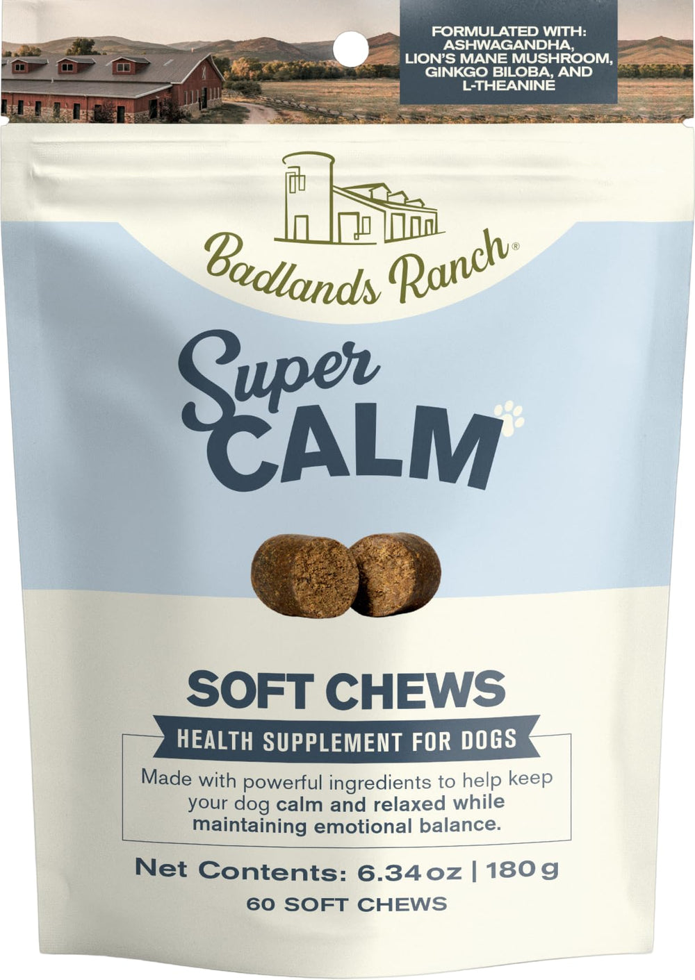 Badlands Ranch Super Calm Soft Chews bottle on shelf supports daily calm.