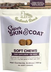 Badlands Ranch Super Skin & Coat soft chews bottle front view for dogs' coat shine.