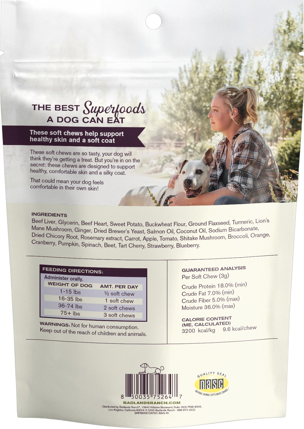 Badlands Ranch Super Skin & Coat soft chews in display pack for daily care.