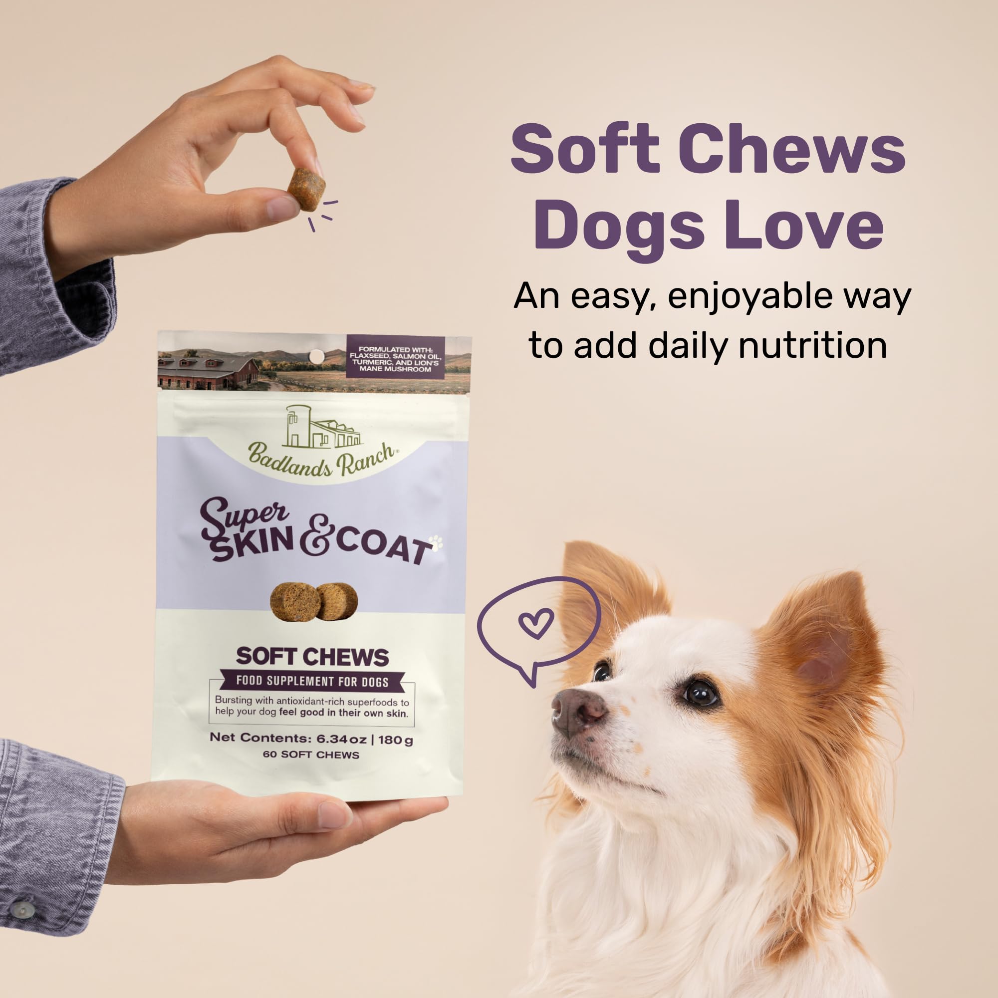 Badlands Ranch Super Skin & Coat soft chews served beside a dog bowl for daily use.