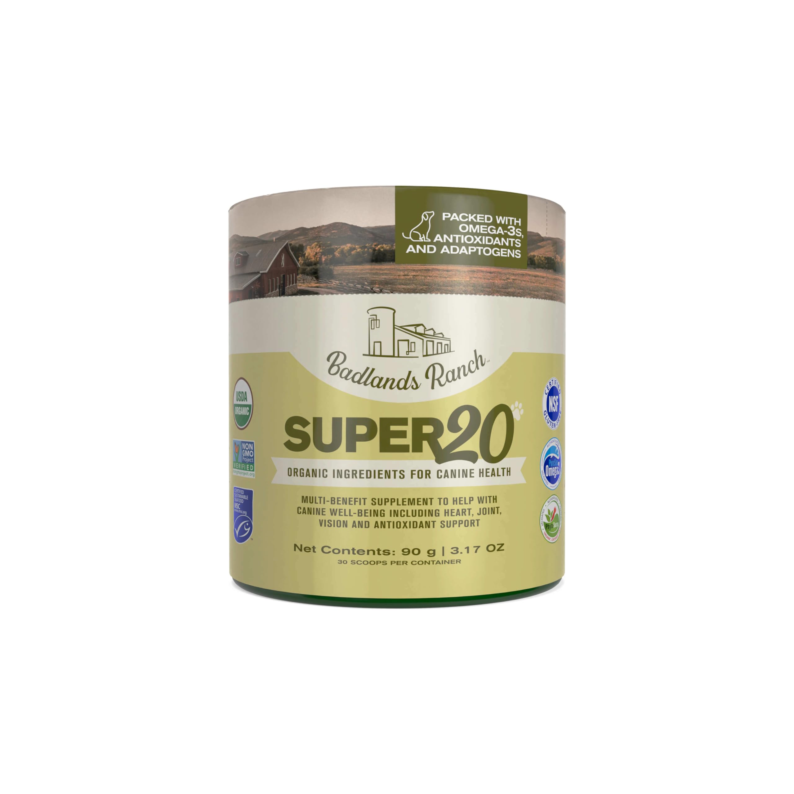 Badlands Ranch Super20 bottle front supports joint mobility and heart wellness.