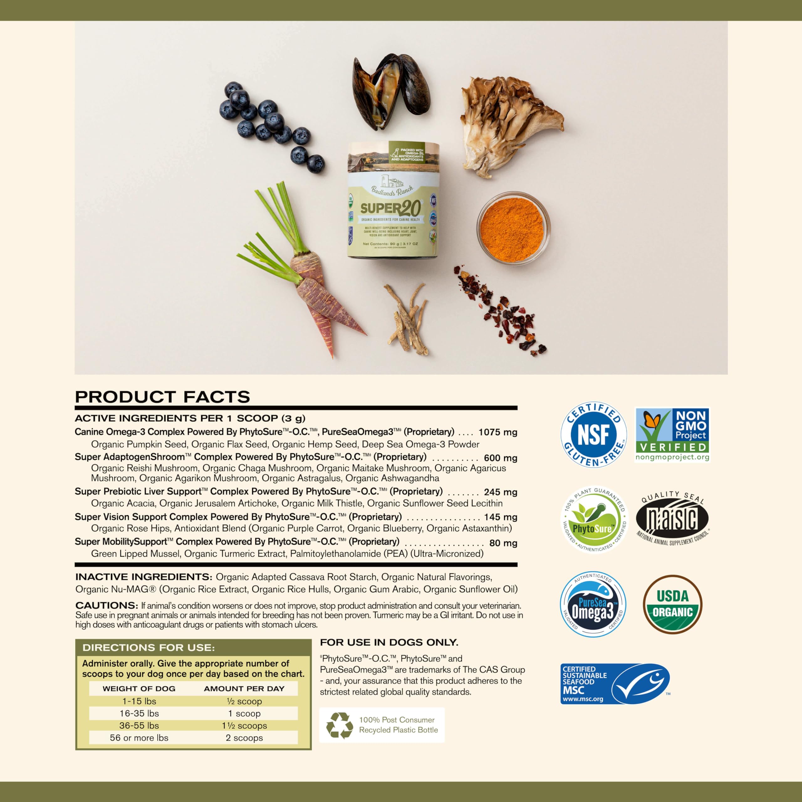 Organic ashwagandha on Badlands Ranch Super20 label suggests calming support.