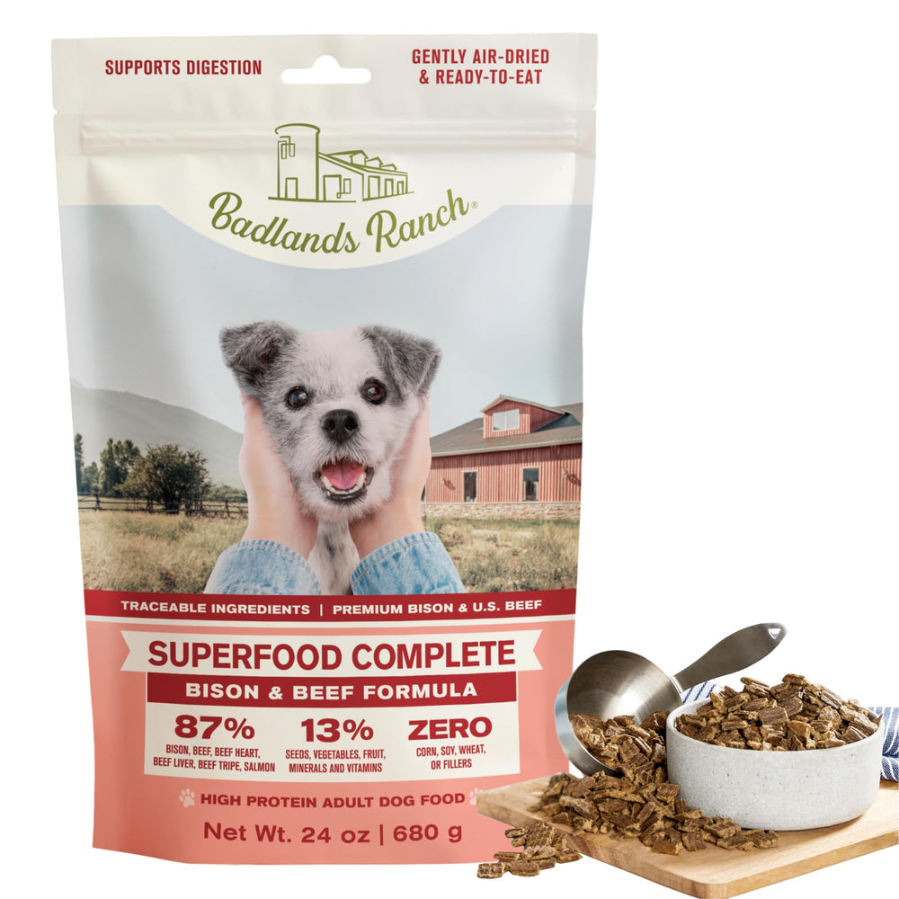 Badlands Ranch bag front with premium ingredients for daily dog nutrition.