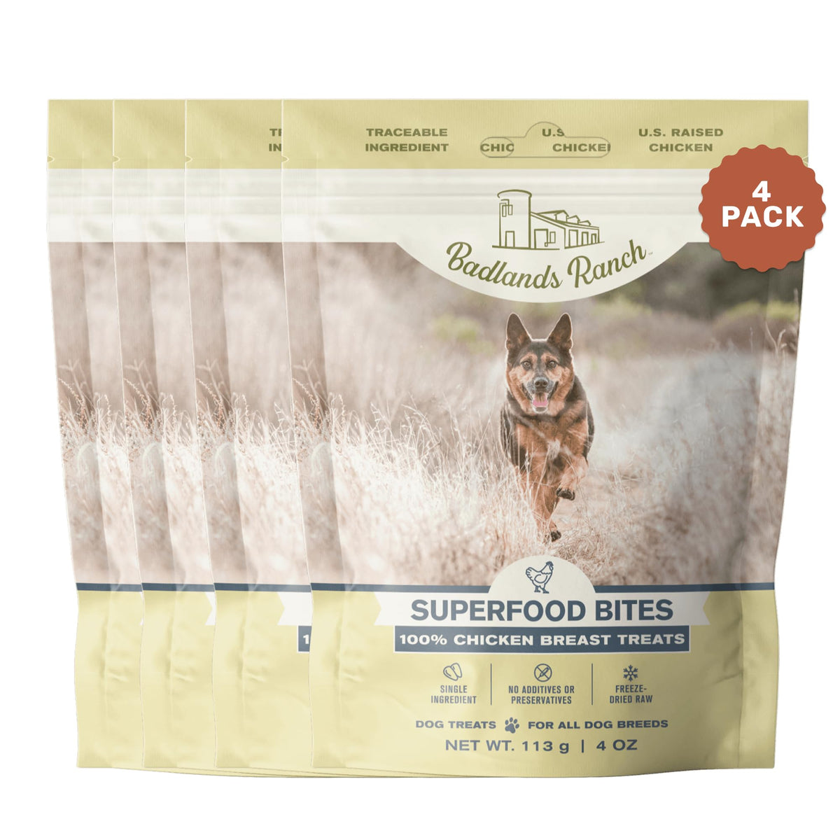 Badlands Ranch Superfood Bites bottle display, ideal for training rewards.