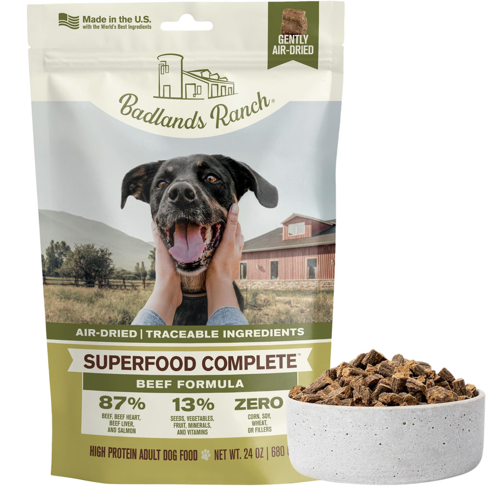 BADLANDS RANCH air-dried beef dog food bag showing premium protein for daily energy