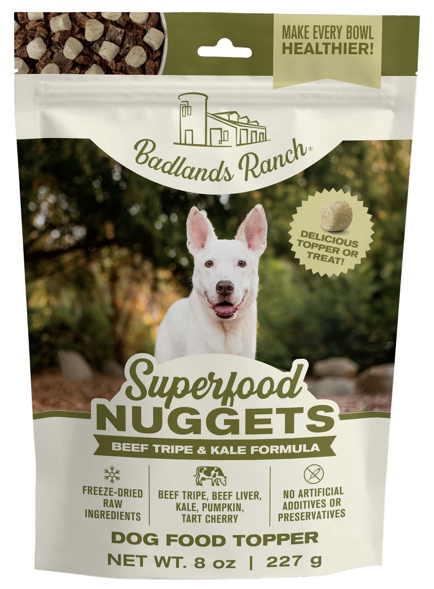 BADLANDS RANCH Superfood Nuggets bag front—convenient, nutrient-dense daily dog nutrition.