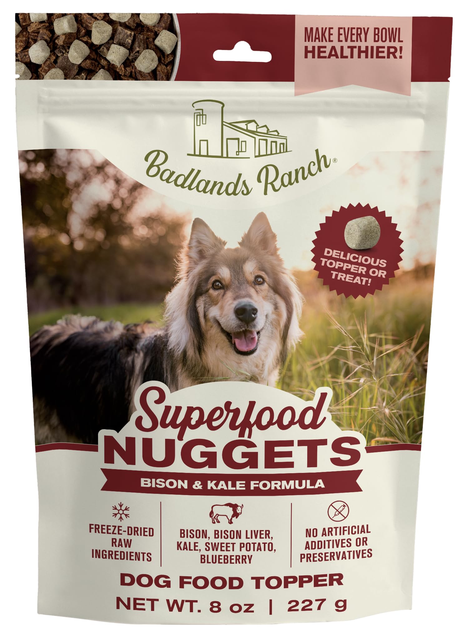 BADLANDS RANCH Superfood Nuggets in bowl with bison-kale formula, protein-rich topping