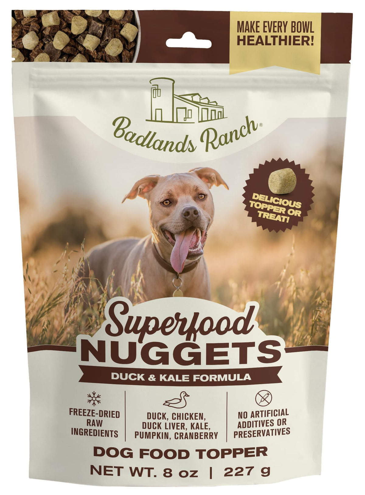 BADLANDS RANCH Superfood Nuggets duck-kale bag: convenient, nutrient-dense dog treat for daily meals.
