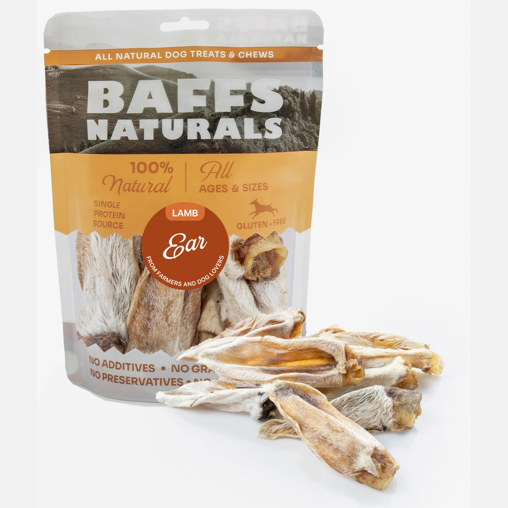 Baffs Naturals Lamb Ears dog chew for teeth cleaning and protein boost.