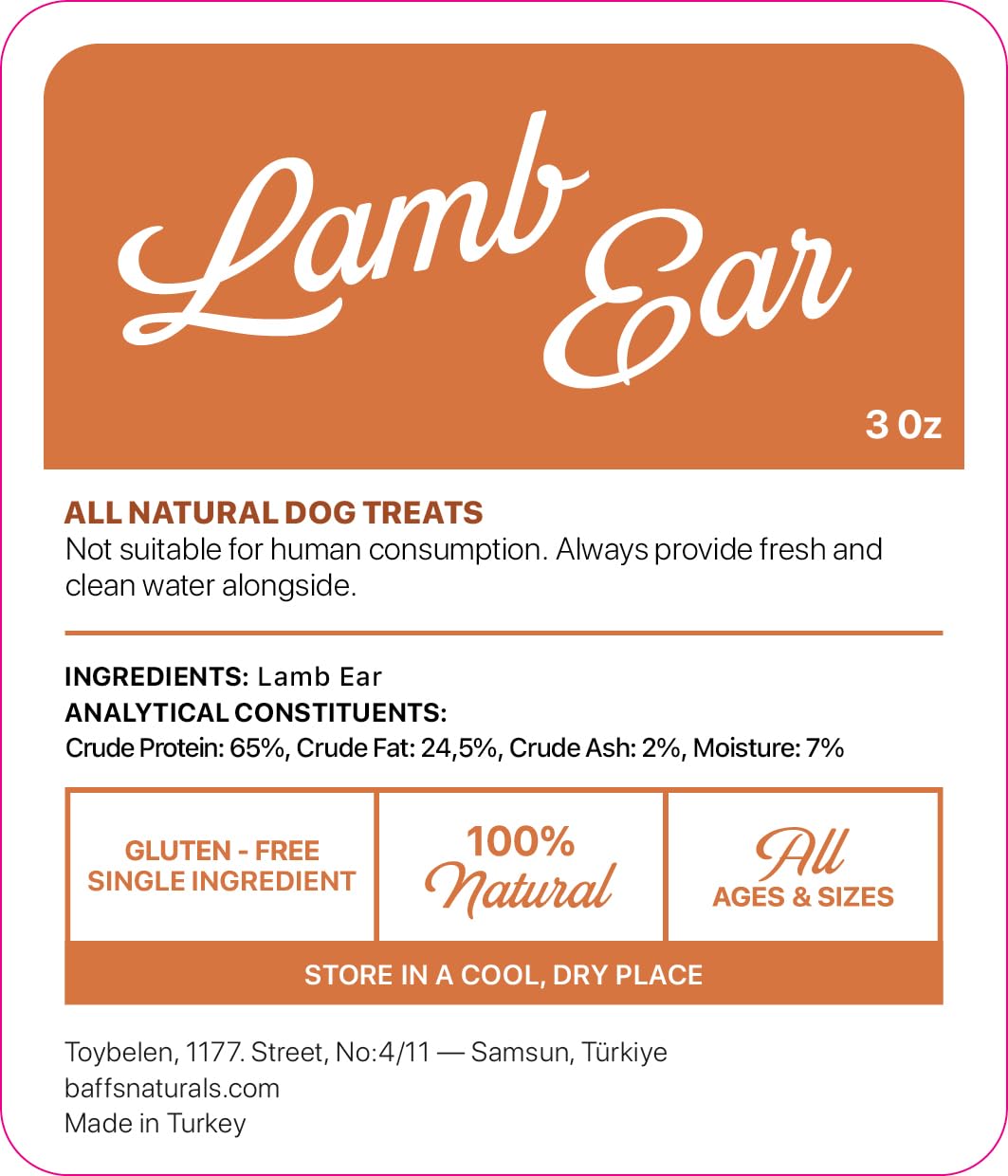 Baffs Naturals Lamb Ears gluten free treat suitable for dogs with sensitivities.