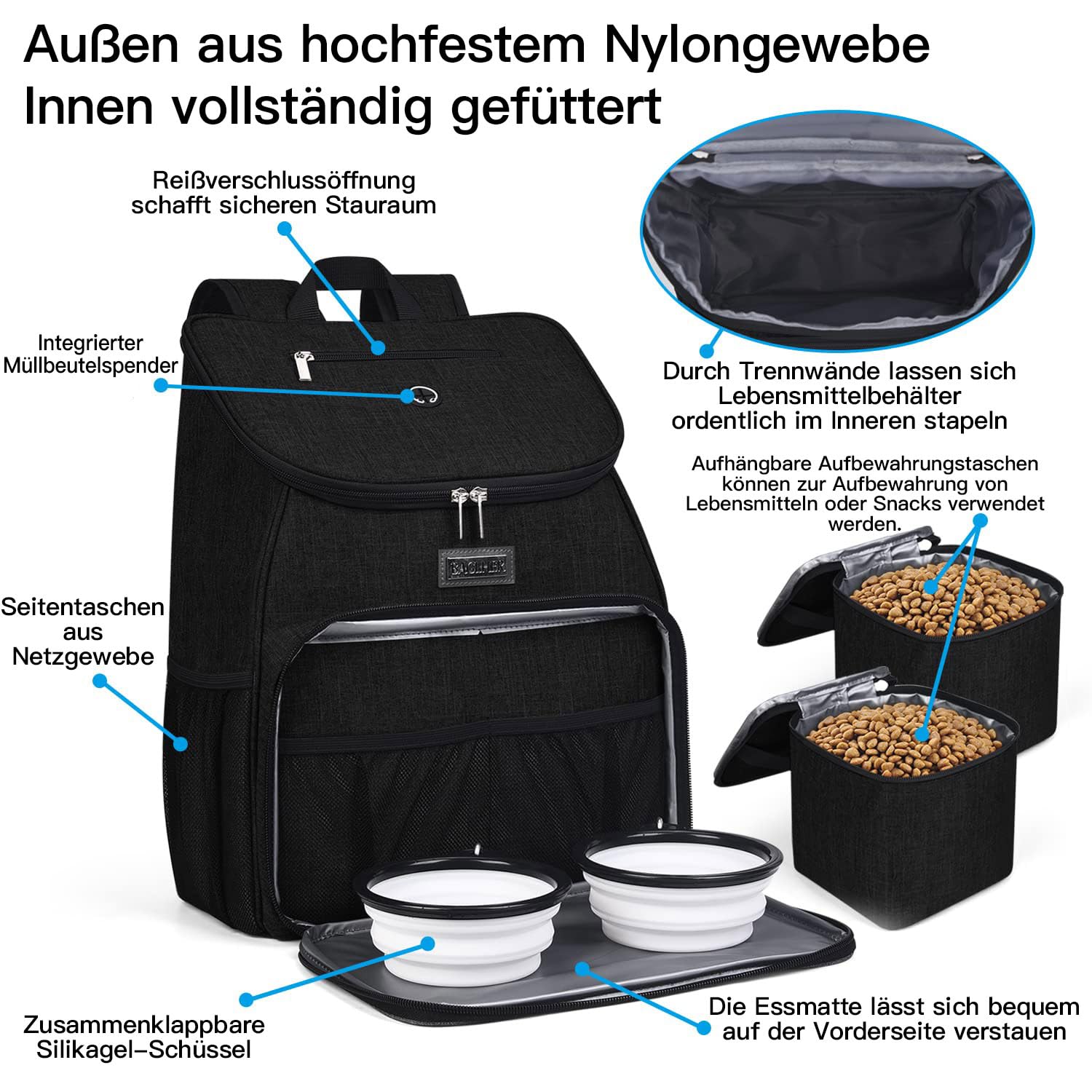 BAGLHER Travel Bag front pocket opens as a feeding pad for quick meals.