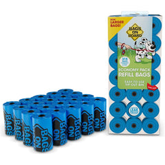 Bags On Board dog poop bags 9x14 blue rolls showing leak-proof design for mess-free cleanup.