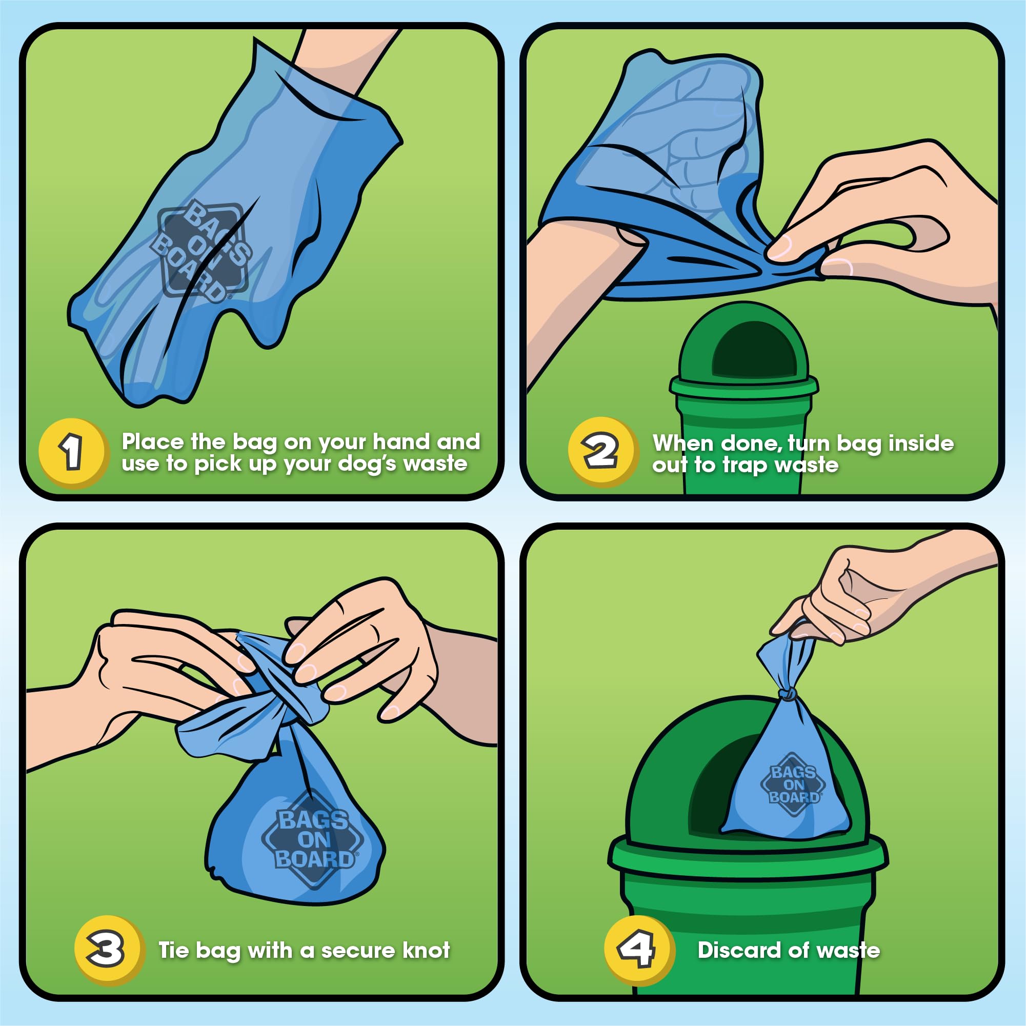 Bags On Board refill bags compatible with blue dispensers for quick changes.