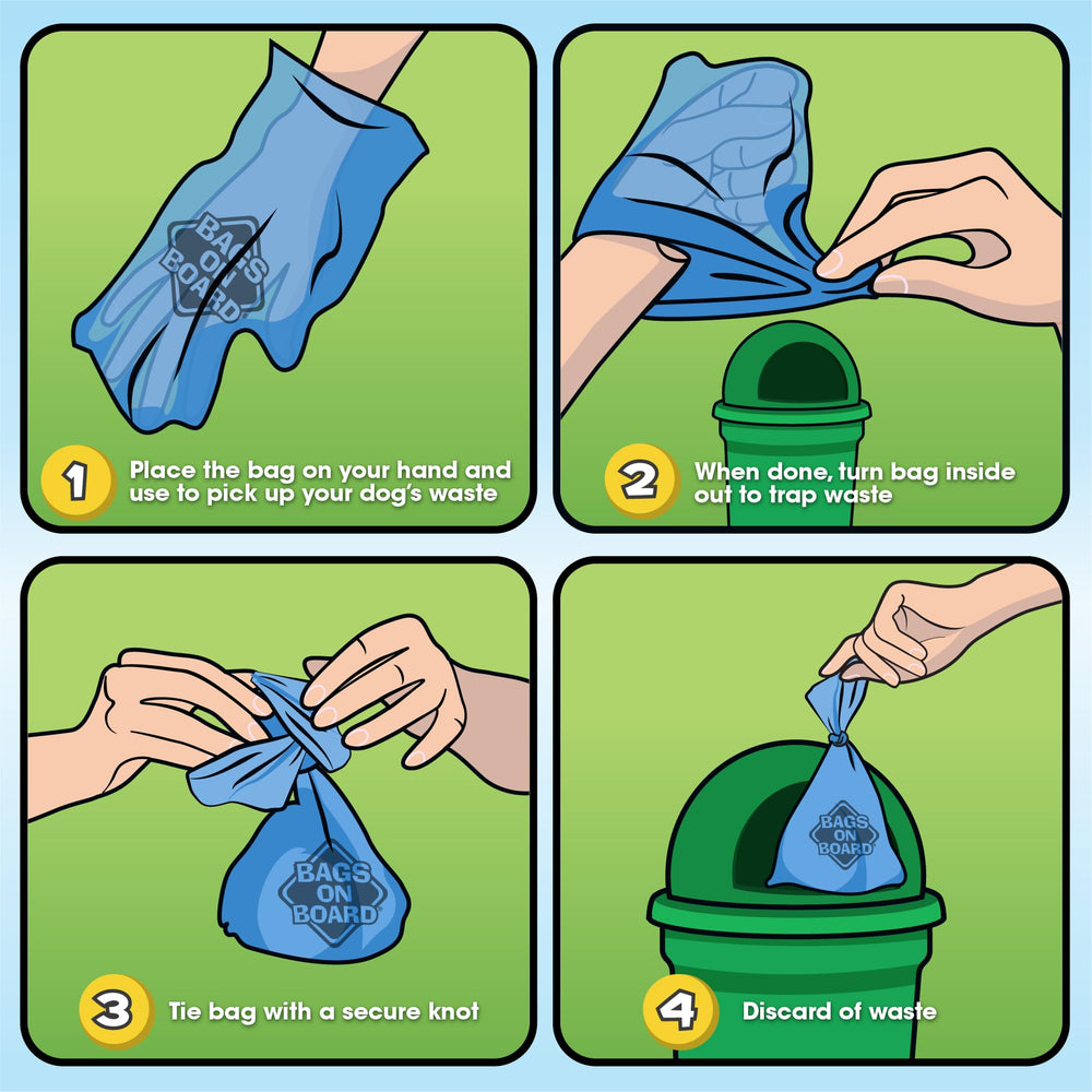 Bags On Board refill bags compatible with blue dispensers for quick changes.