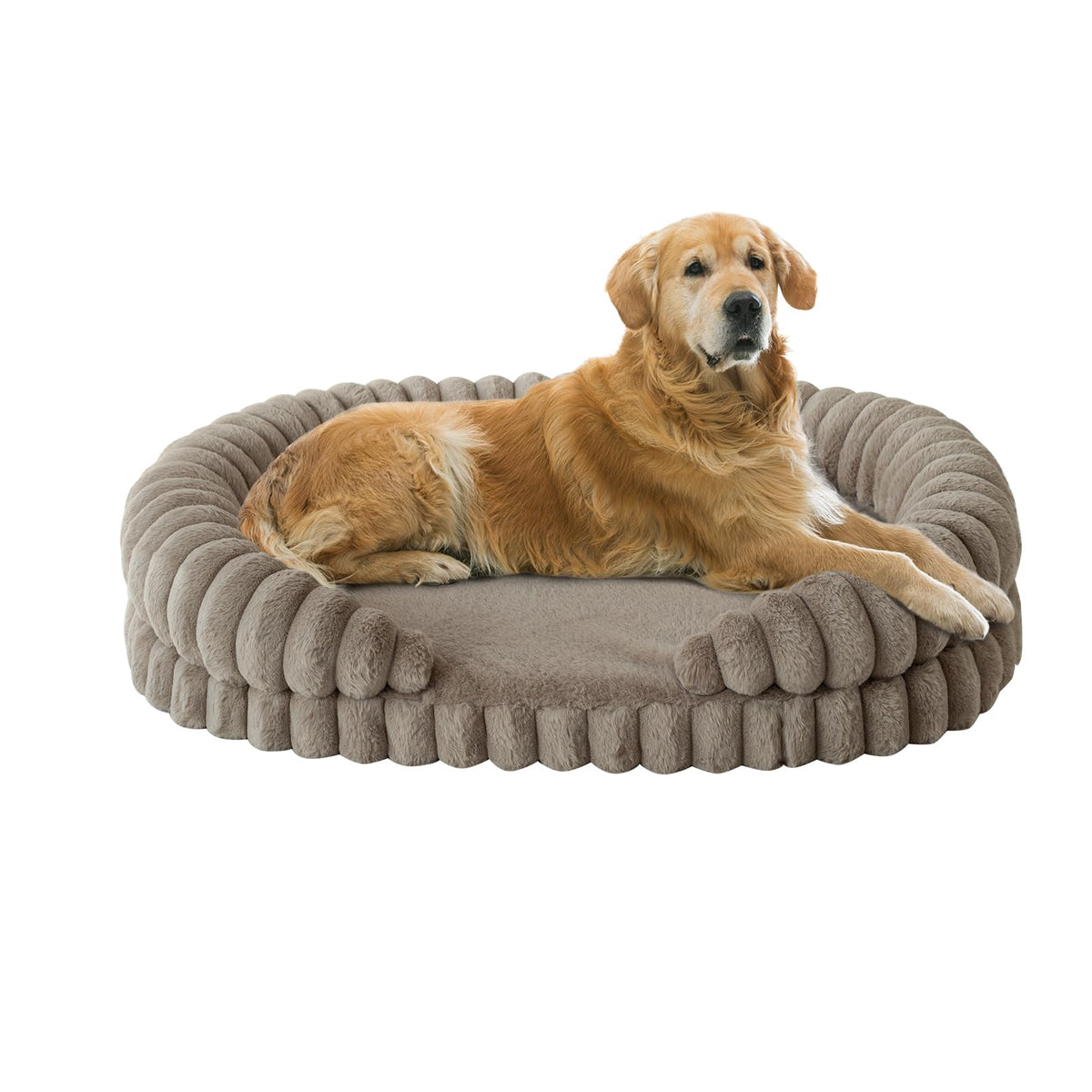 BALANCE Calming Dog Bed oval 42in top view showing plush bolster for curling dogs.