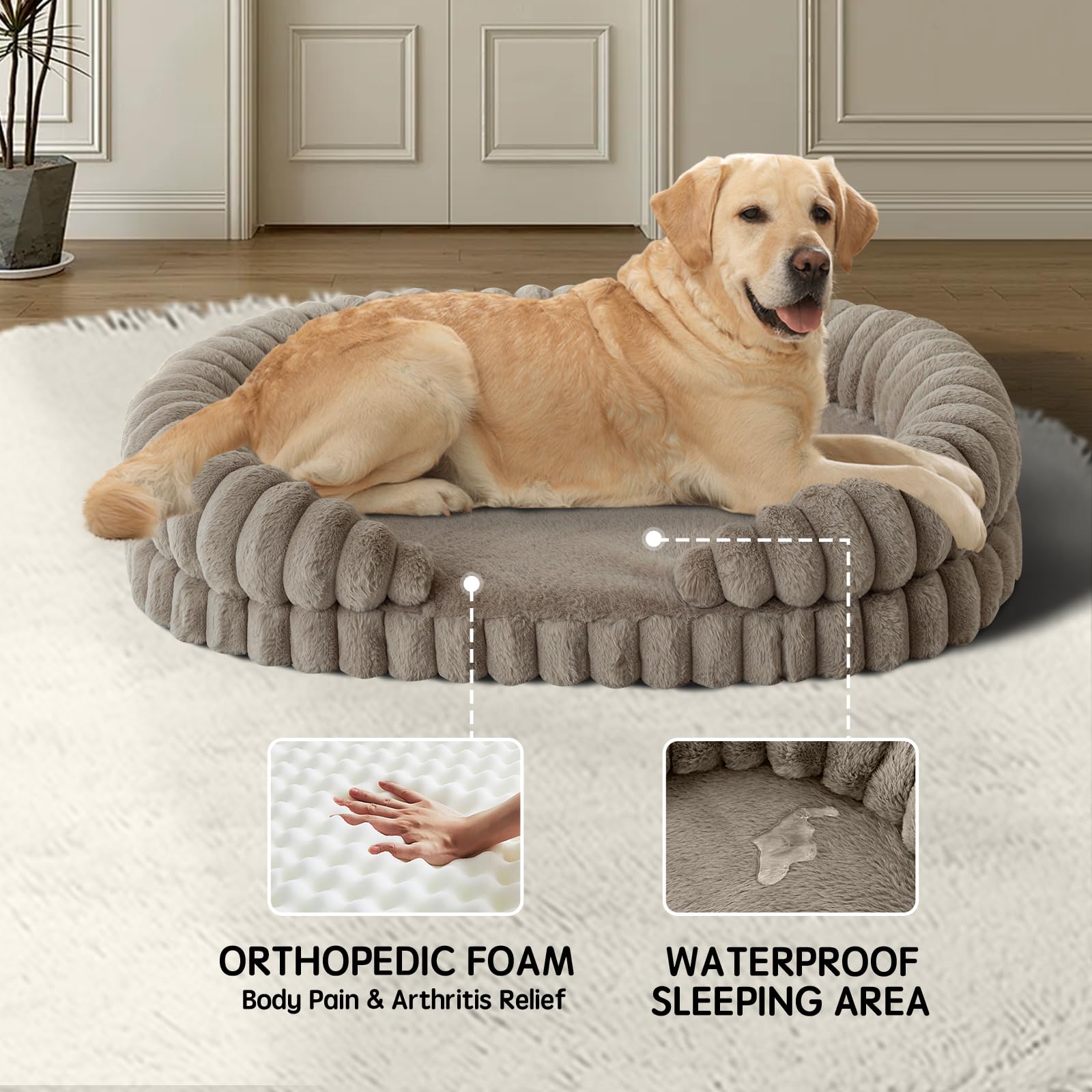 BALANCE Calming Dog Bed oval edges bolster closeup highlighting neck support and coziness.