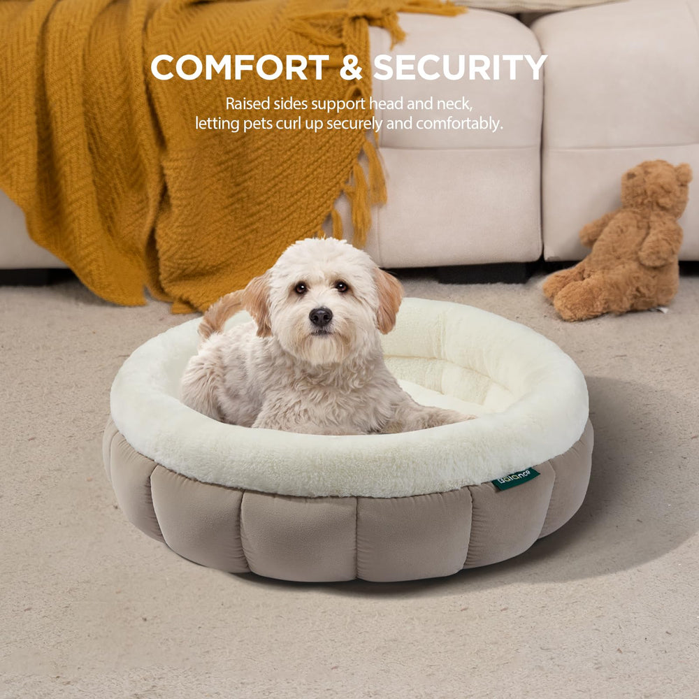 BALANCE cat bed goat round donut, side view showing raised walls for comfort