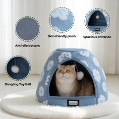BALANCE cat bed with hanging toy ball provides playful stimulation at the entrance.