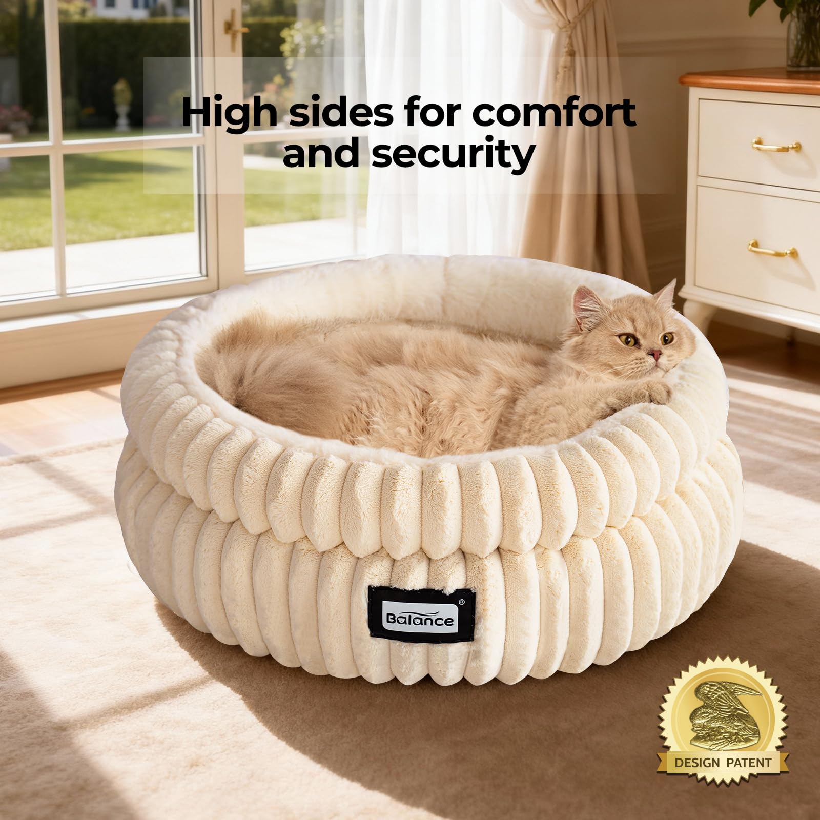 BALANCE cat bed plush fabric close-up highlights soft warmth and non-shedding material.
