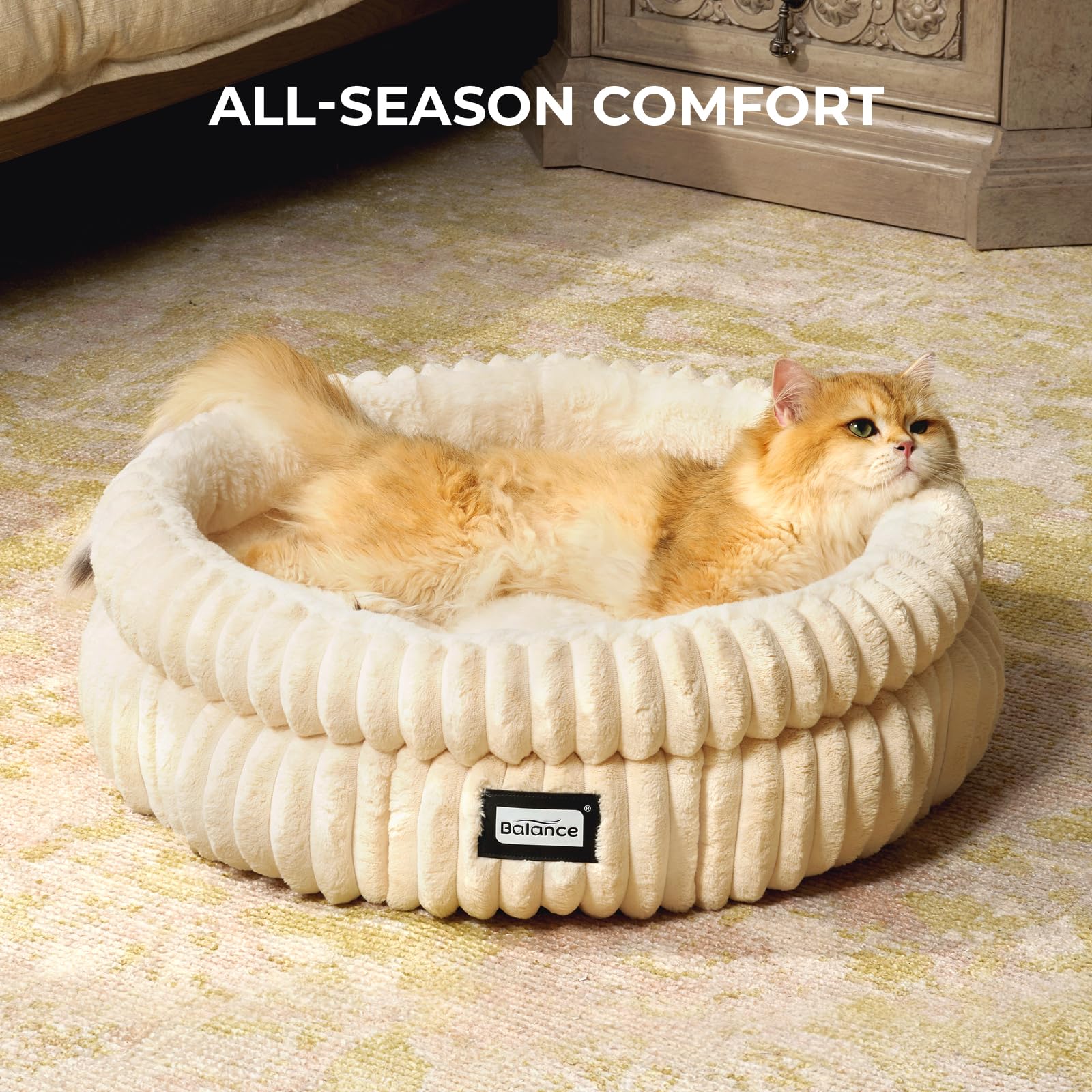 BALANCE cat bed removable cushion demonstrates easy machine-washable care.