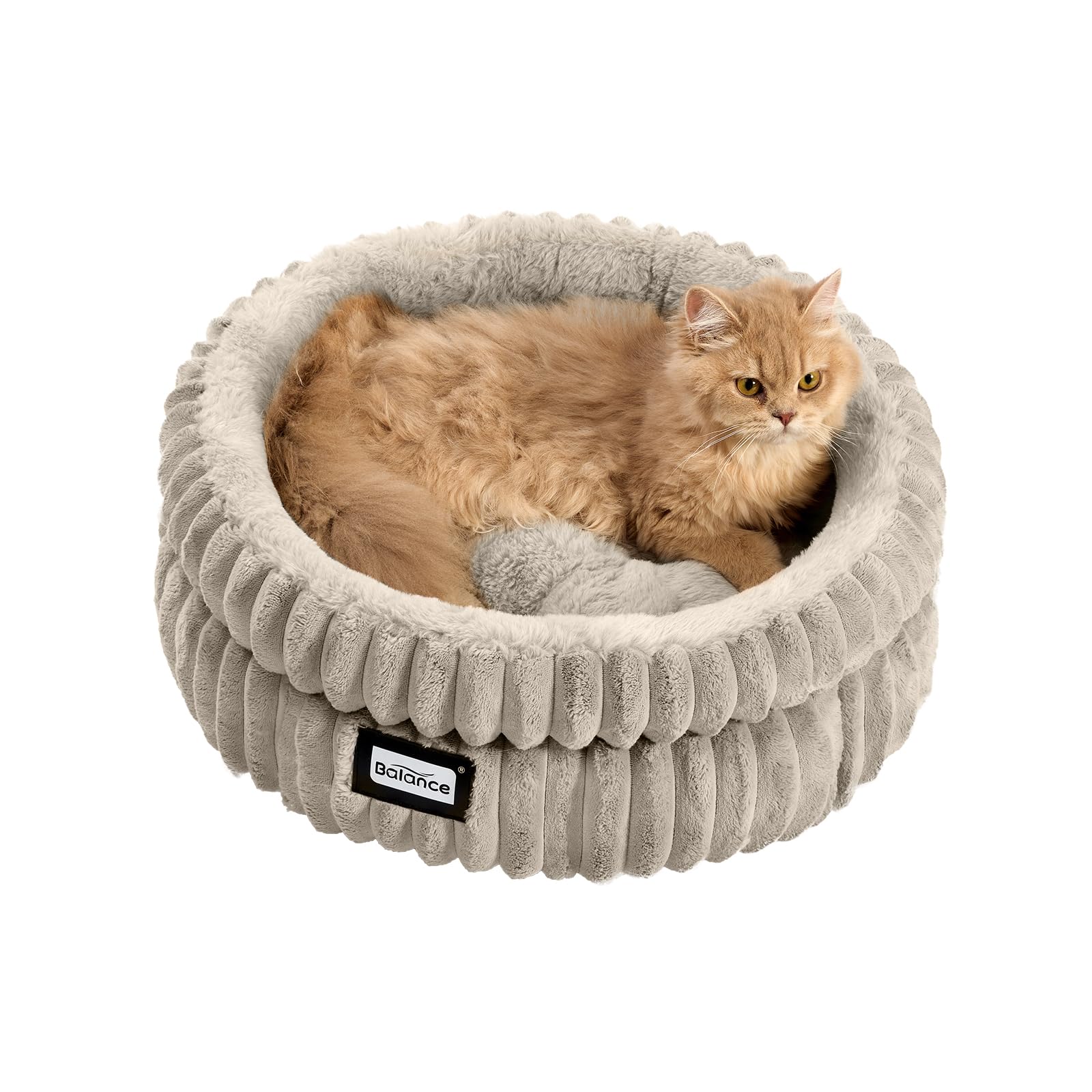 BALANCE cat bed with round plush fur for cozy lounging and curling up.