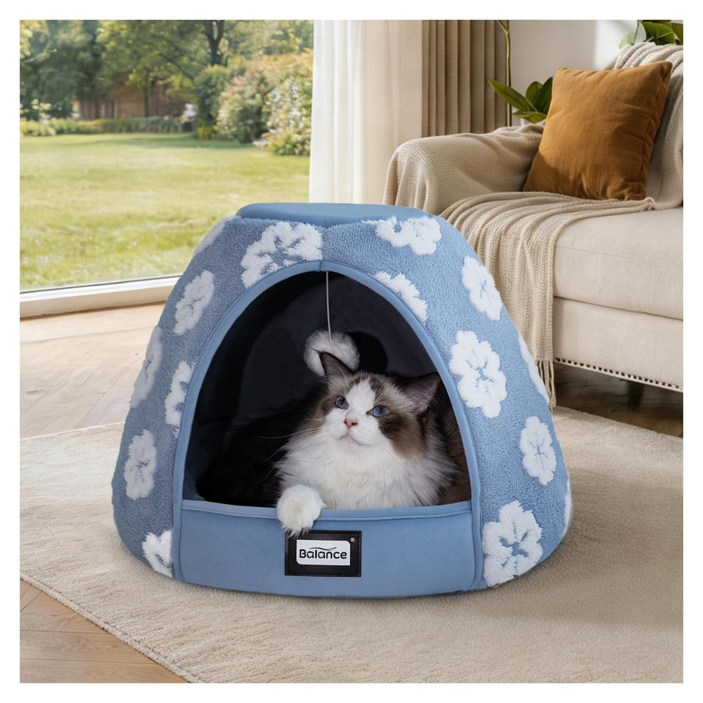 BALANCE cat bed cave blue front view, inviting safe hideaway for relaxed cats.