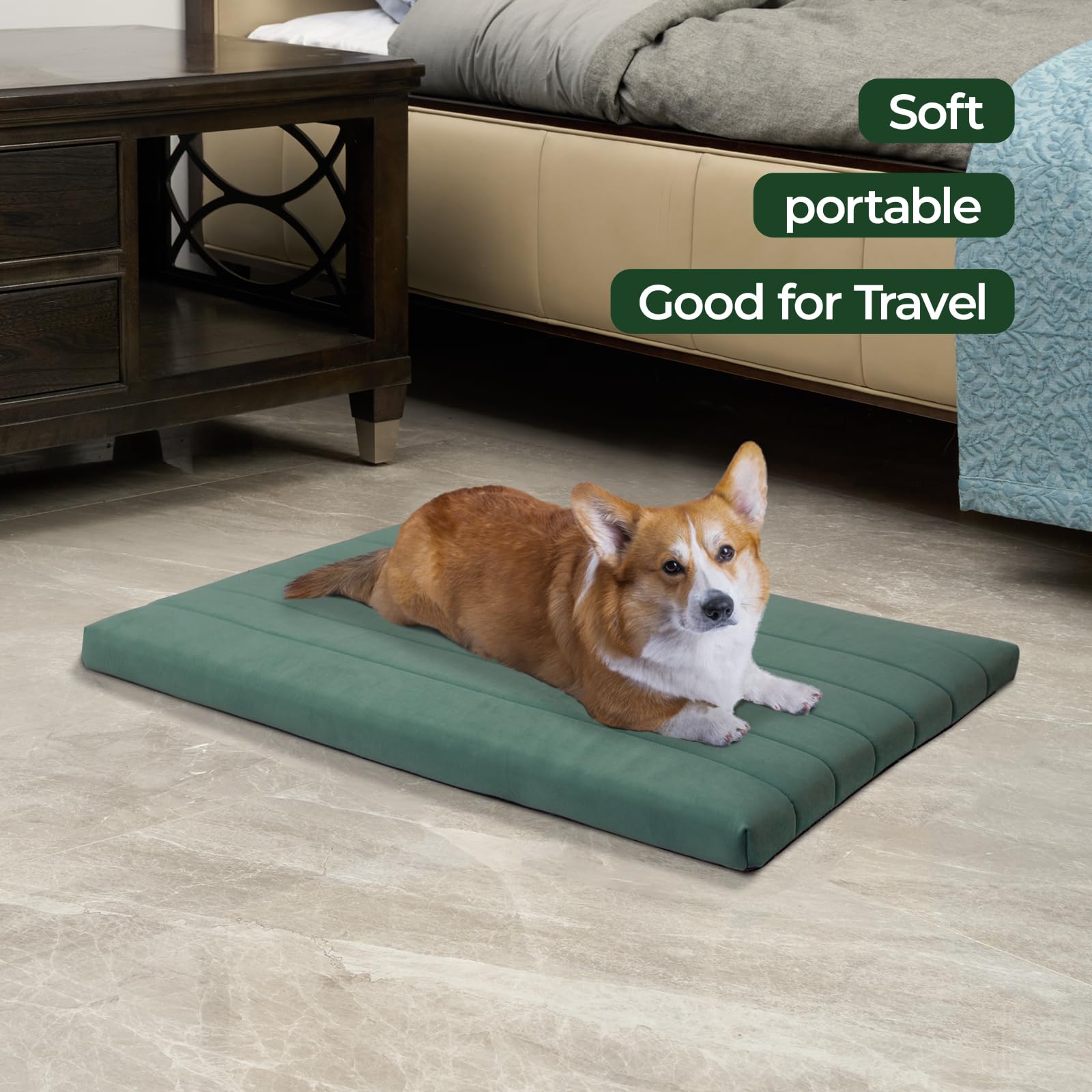BALANCE dog crate bed nonskid bottom keeps the mat secure on floors.