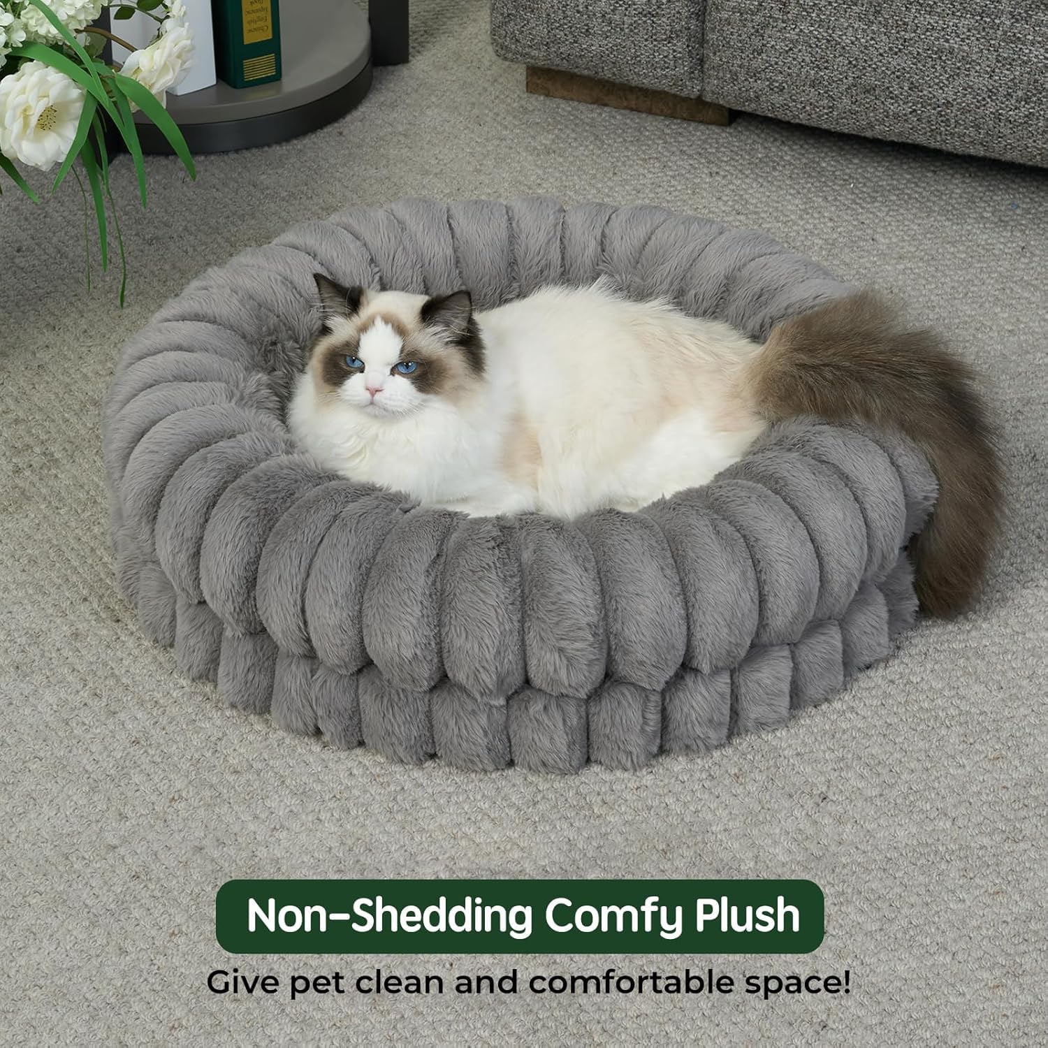 BALANCE Donut Bed with soft plush fabric in gray for a tidy, cozy look